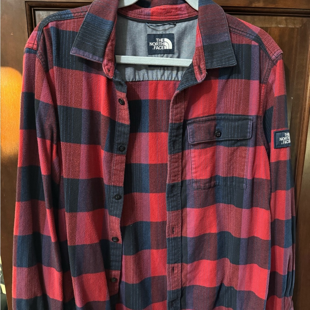 SOLD The North Face Men's Red and Navy Checkered Shirt